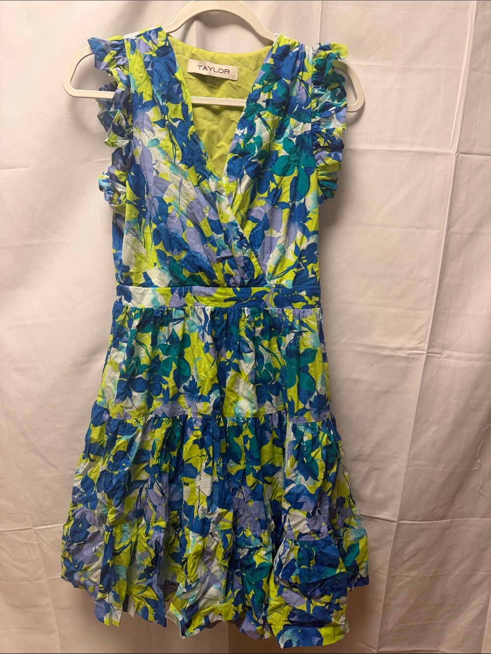 Taylor Blue and Lime Floral Wrap Tiered Midi Dress